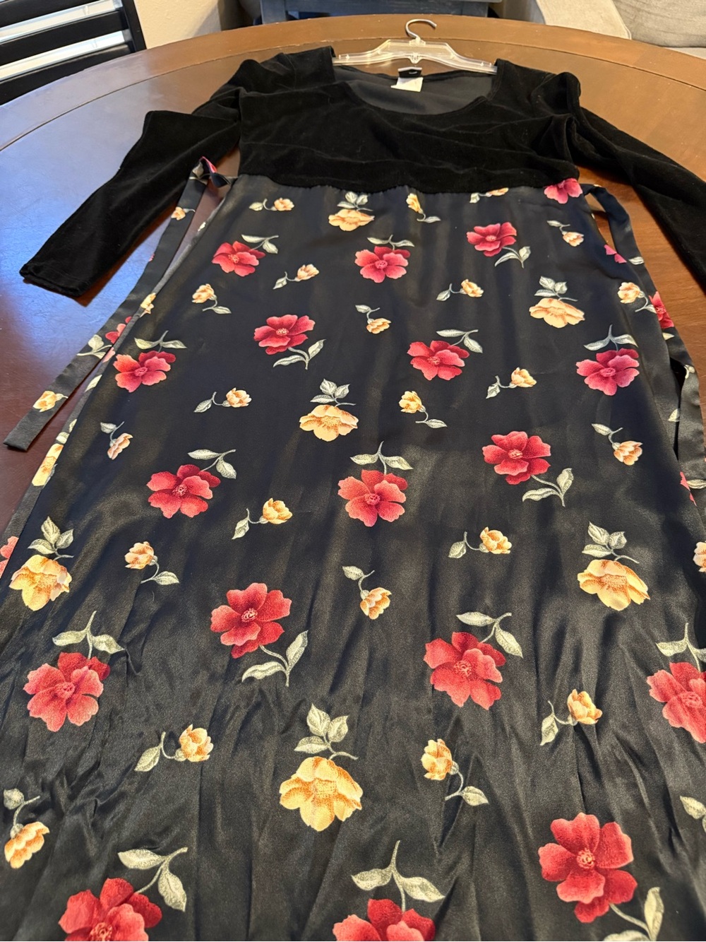 Black Floral Long Sleeve Dress with Velvet Bodice